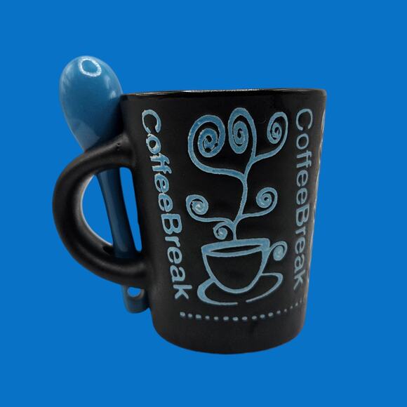 My Café Maui Coffee Break Mug Black Blue Ceramic Cup w/ Spoon Hawaii Souvenir - Picture 3 of 6